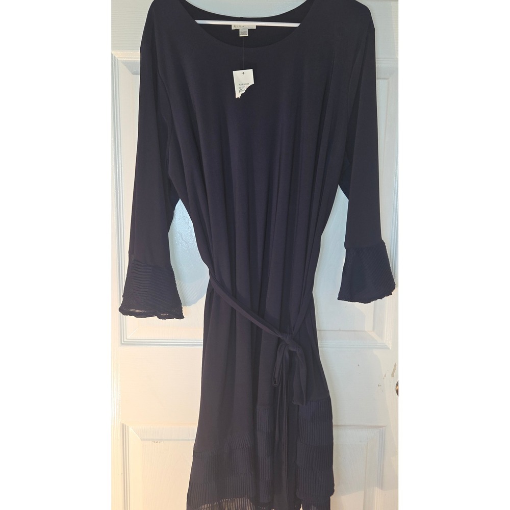 Catherines Navy Blue Pleated Mesh Trim Belted Shift Dress Plus Size 18/20W NEW